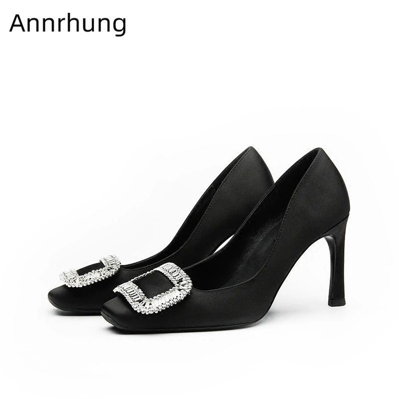 

Crystal Buckle Wedding High Heel Pumps Women Concise Square Toe Stiletto Heels Silk Bridal Shallow Shoes Woman