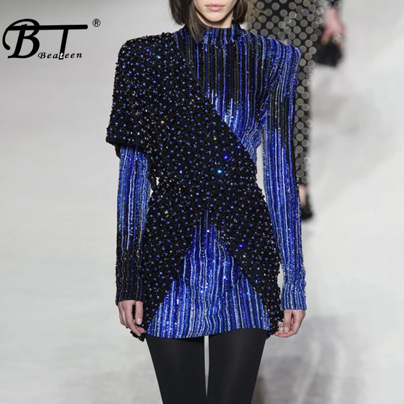 

Beateen 2018 New Fashion Autumn Winter Sequined Bodycon Mini Dress Sexy Club Party Women Sexy