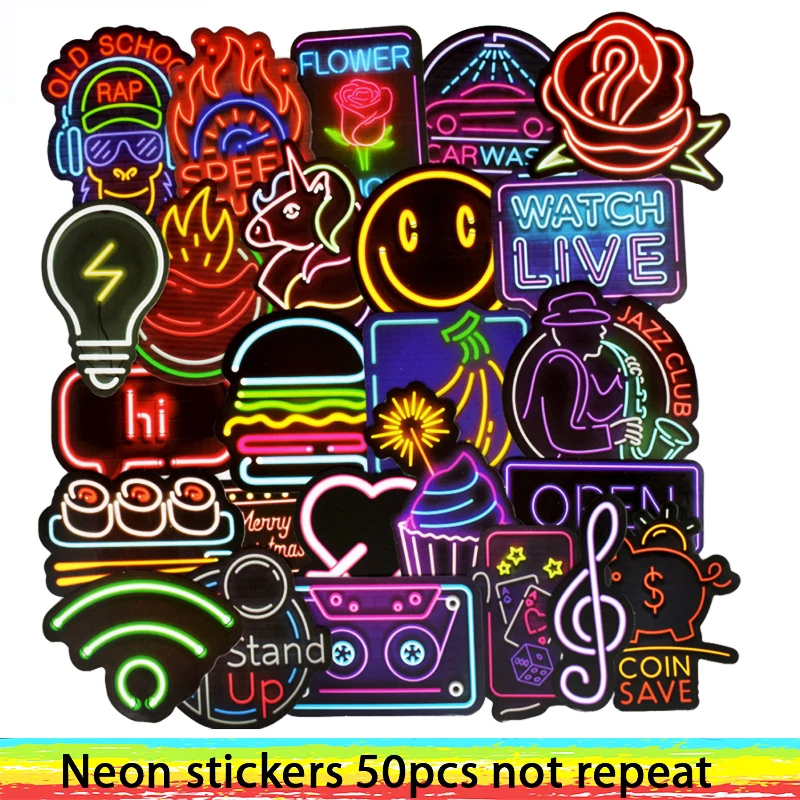 

50 PCS Neon Light Sticker Anime Animal Cute Decals Stickers Laptop Suitcase Guitar Fridge Bicycle Car