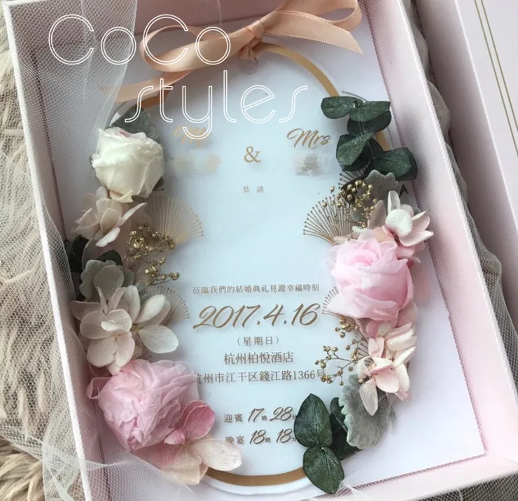  Cocostyles personalized super elegant die cut acrylic invitation card with preservedfreshflower for - 32870722574