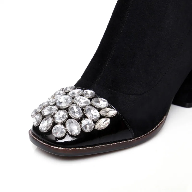 XiuNingYan/Для женщин сапоги со стразами квадратный носок Высокий каблук обувь из натуральной кожи осень-зима бедро высокие женские сапоги