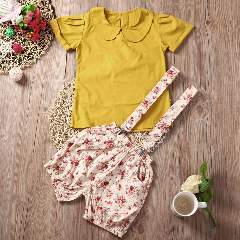 

Summer Party Princess Dress Cute 1Set Baby Kids Girls Flowers Print T-shirt Tops+Belt Short Pants Outfits Clothes