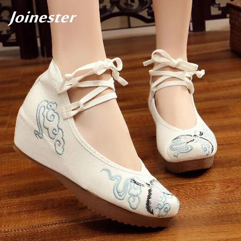 

Women's Strappy Ankle Cross-tied Lace-up Button Strap Platform Wedges Casual Canvas Shoe Crane Embroider Cheongsam Lady Pumps