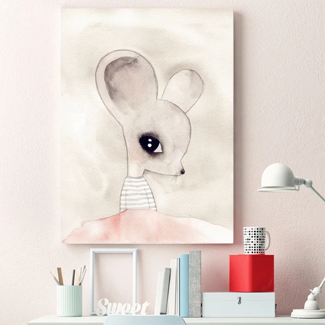 cute mouse girl print pictures wall art watercolor cartoon animal