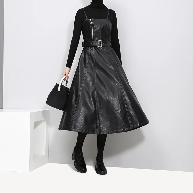 A-line Spaghetti Strap Faux Leather Black Dress With Belt