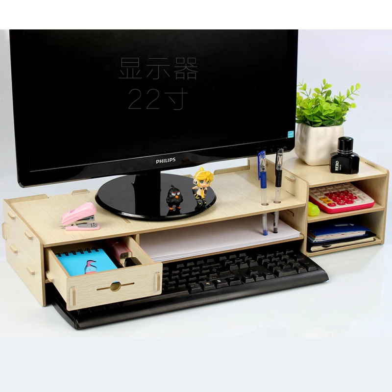 Настольная подставка для монитора, деревянная подставка для монитора, с отделениями для офисных принадлежностей и местом для хранения клавиатуры и мыши