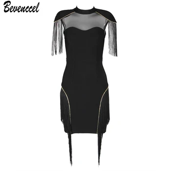 

Women Dress New Sexy Bandage Dresses 2019 Black Short Sleeve Tassel Mesh Patchwork Hollow Out Vestidos Celebrity Party Dress