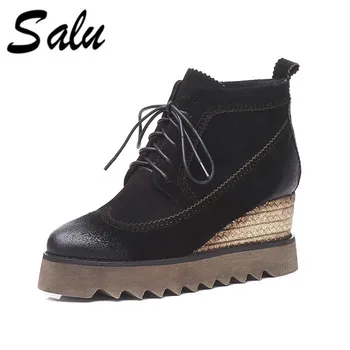 

Salu 2020 new Women Ankle Boots Fashion Genuine leather Women Shoes Platform Round Toe All Match black Women Boots