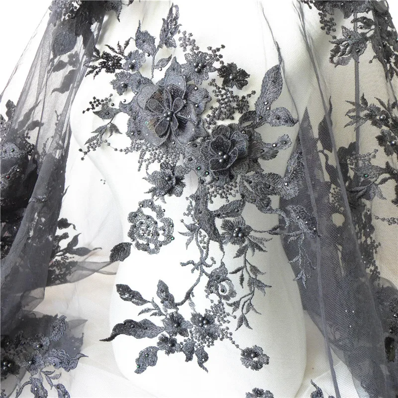 

12 Piece Appliques Delicate 3D Flower Embroidered Tulle Mesh Fabric Sequins Pearl Beaded Wedding Dress Fabric Wine Red/Black