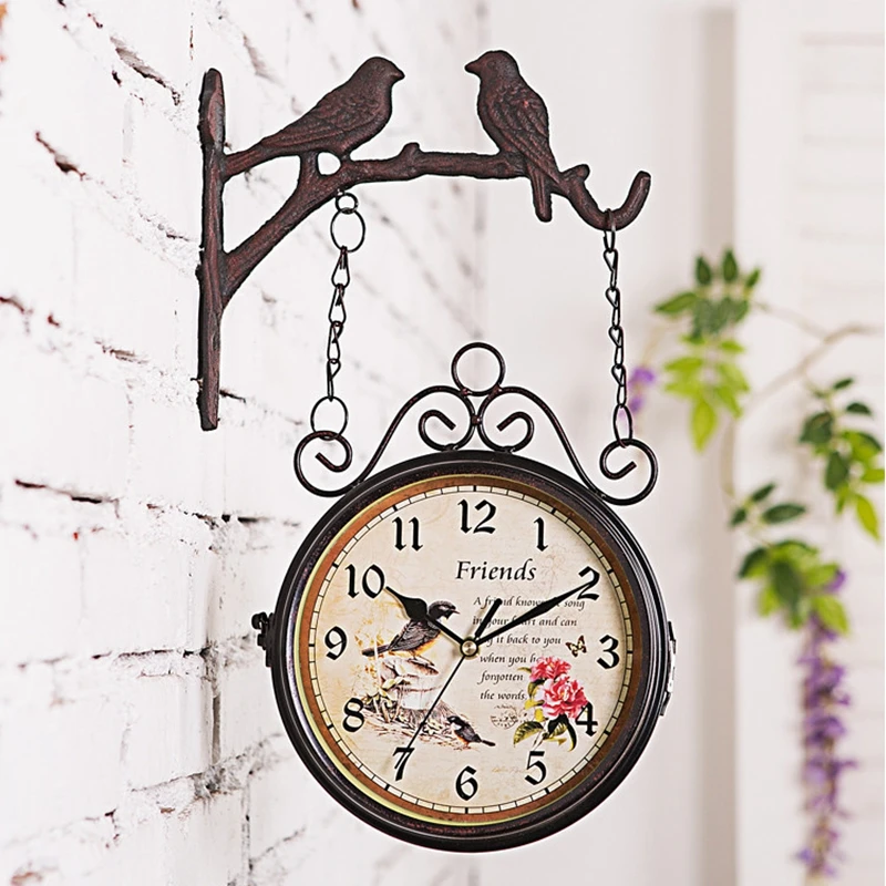 

European-style Double-sided Wall Clock Creative Classic Clock Monochrome home decoration two side bird iron Quartz Antique Style
