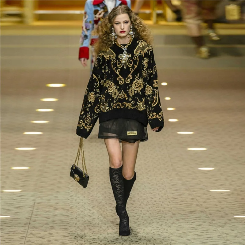 

2018 Winter Runway Designer Black Sweater Pullovers Women Luxury Floral Print Female Christmas Knit Sweater Jumper Clothing