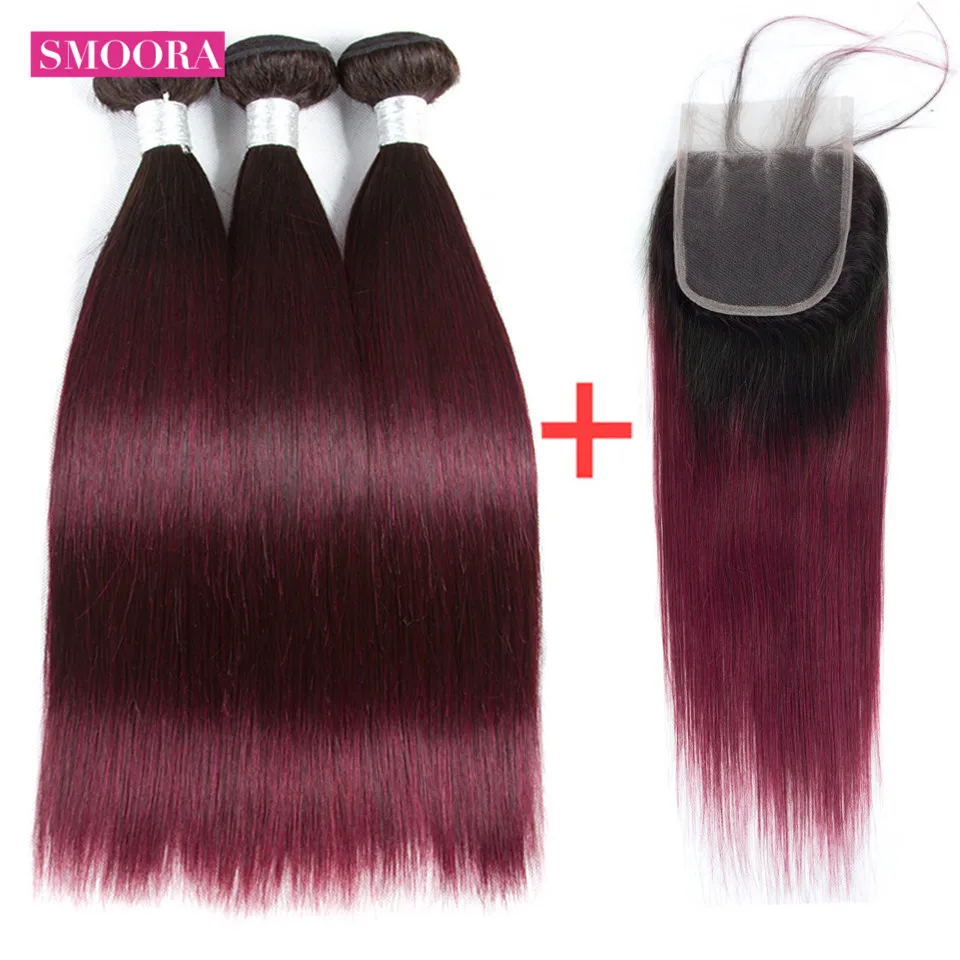 ombre straight hair 1b 99j 3 bundle hair with closure three part
