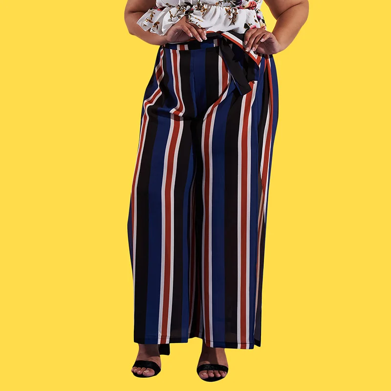 2019 Новая мода лето плюс Размеры 3XL женские брюки с широкими штанинами с принтом в полоску Ил сторона Высокая талия юбка-брюки Pantalon женский
