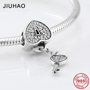 

For true love 925 Sterling Silver Heart shaped key and and lock CZ beads Fit Original JIUHAO Charm Bracelet Jewelry making