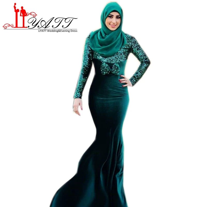 Mermaid Evening Dresses Arabic Dubai Long Sleeve Sequined Hijab Muslim Velvet Prom Dress 2017 Moroccan Kaftan Gown ZY168 | Свадьбы и