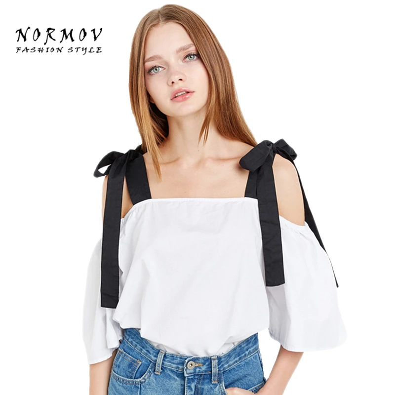 Normov M-XL 2017 القوس قميص قمم مثير الكتف معطلة كم قصير المرأة العصرية الملابس كبيرة الحجم تصميم سيدة القمم