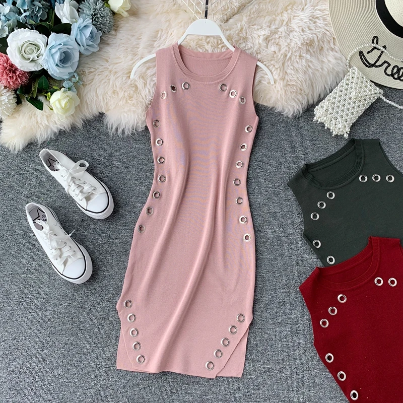 

New Summer Women Knitted O-Neck Hollow-out Slim Solid Dress Female Sleeveless Trim Knee-length Knit Middle Skinny Split Dress