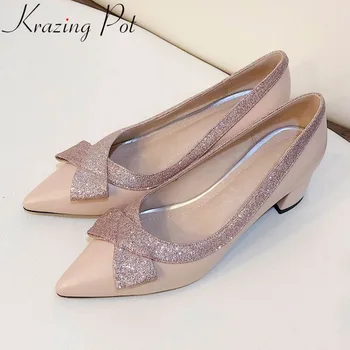 

Krazing Pot Spring Autumn woman wedding party pumps genuine leather butterfly-knot pointed toe plus size med heels pumps L3f1