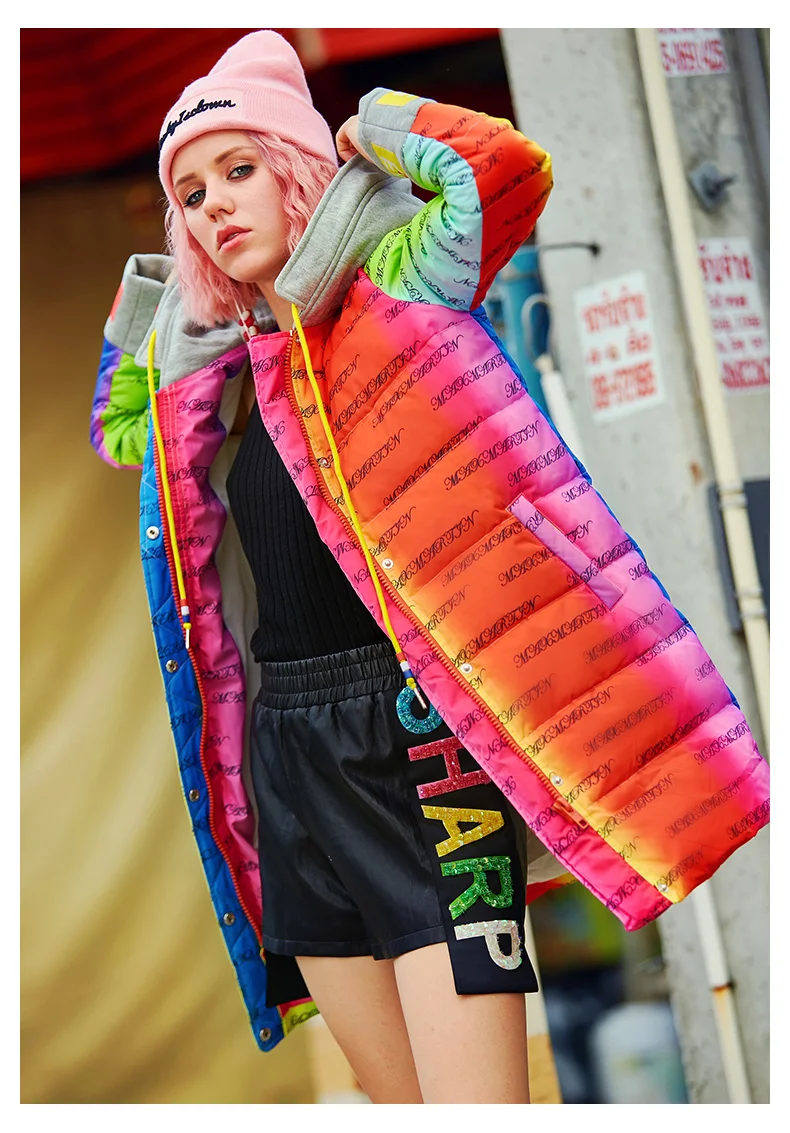 Женский Зимний сохраняющий тепло пуховик с капюшоном Дамская мода хит цвет буквы блестки куртки с напечатанным рисунком повседневное Свободное пальто JQ456