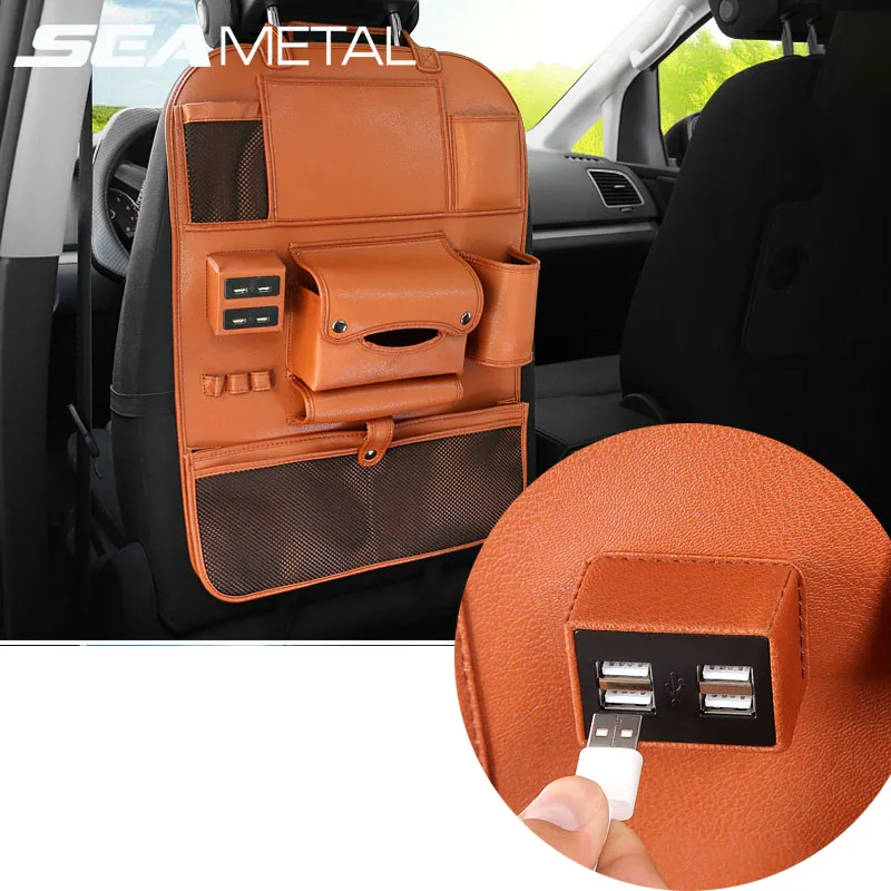 

Hot Sale 2019 Car Storage Seat Back Organizer Auto Rear Seat Bag for Multi-function Pocket 4 USB Charge Socket Cigarette Lighter