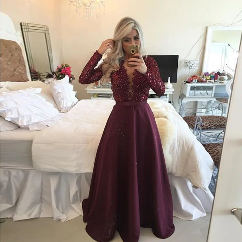 

Enchanting Long Sleeve Prom Dresses V-Neck Sheer Back Lace Evening Party Dress A-Line Vestido De Festa Cheap Long Prom Dresses