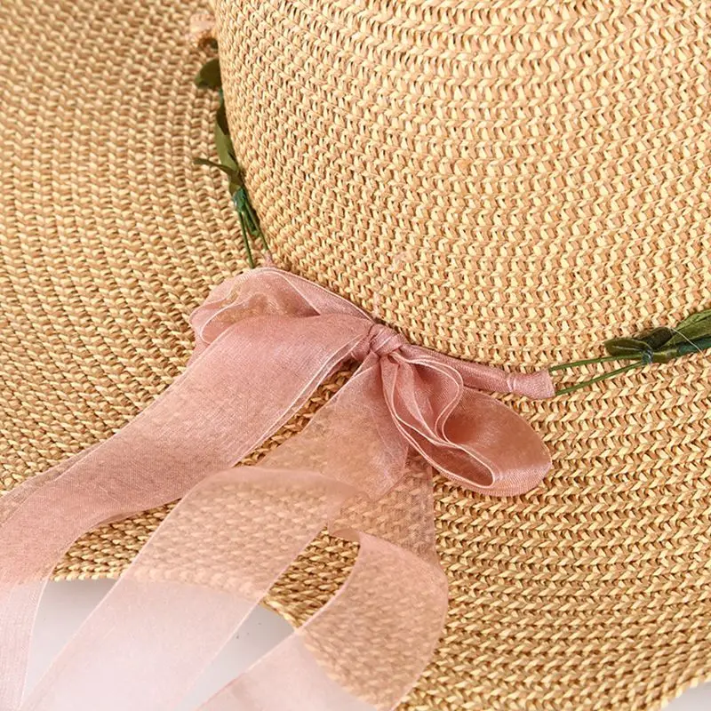 Женская летняя соломенная шляпа с козырьком от солнца, с оборками, с широкими волнистыми полями, искусственная цветочная гирлянда, венок, кружевная лента, Кепка с покрывалом, пляжная одежда