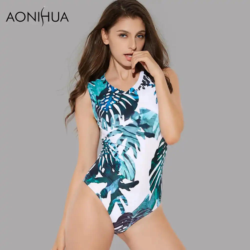 Aonihua 18 夏の葉のプリント水着女性のための水着女性ノースリーブワンピース浴女水着 2168 水着水泳 女性のためのスーツスーツ Aliexpress