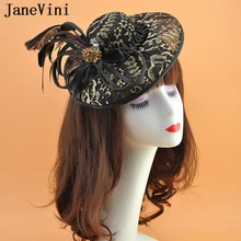 JaneVini Винтаж Черное золото кружево Свадебные шапки с цветком украшение с перьями для свадебный головной убор женские свадебные аксессуары волос