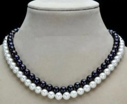 

2 Row 7-8mm Black White Natural Pearl Necklace 17-18''^^^@^Noble style Natural Fine jewe FREE SHIPPING