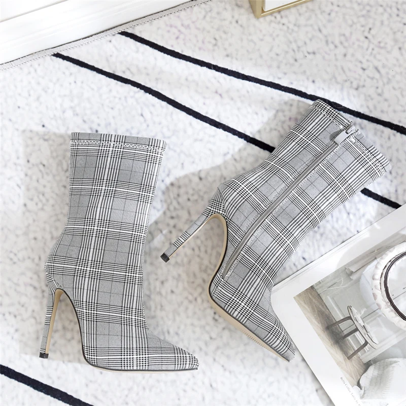 

2019 Plus Size 42 Women 11cm High Heels Ankle Sock Boots Zebra Plaid Spring Boots Denim Fetish Boots Lady Satin Silk Shoes