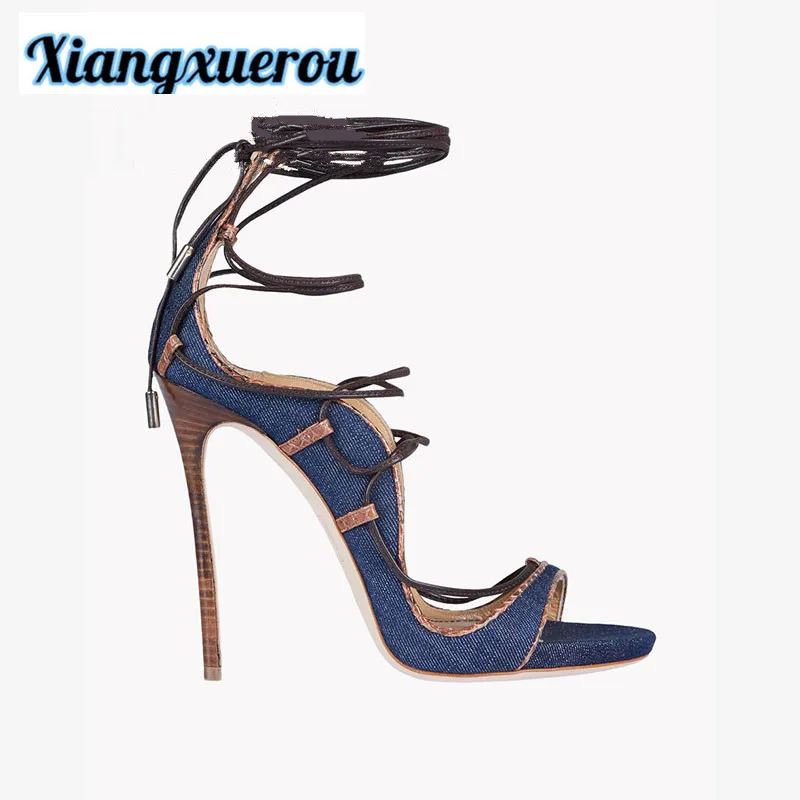 

Xiangxuerou Summer women's shoes are ultra high heels and denim style ladies' sandals.