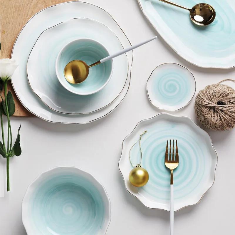 

2019 Dinnerware Pink Sala Bowl Ceramic Dinner Plate Marble Storage Tableware Matte Blue Dinnerware Set High Quality Plate