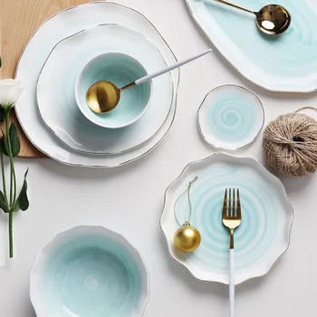 

2019 Dinnerware Pink Sala Bowl Ceramic Dinner Plate Marble Storage Tableware Matte Blue Dinnerware Set High Quality Plate