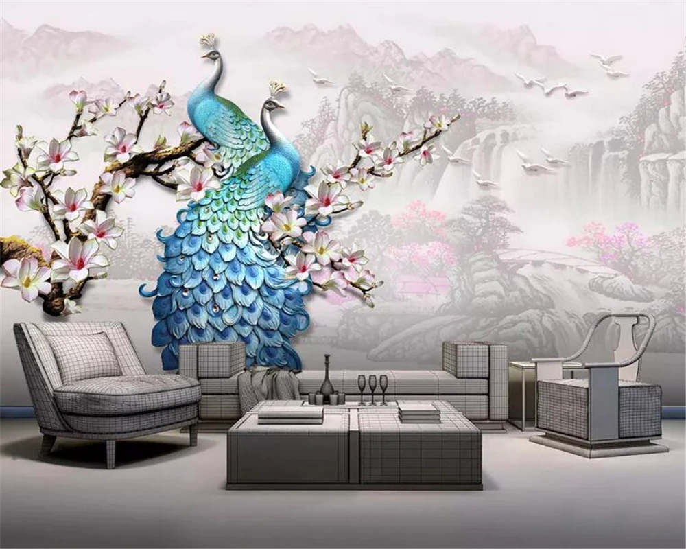 

Beibehang Custom wallpaper European Style Embossed peacock magnolia TV Backdrop Wall Mural Hotel Living Room Photo 3d wallpaper