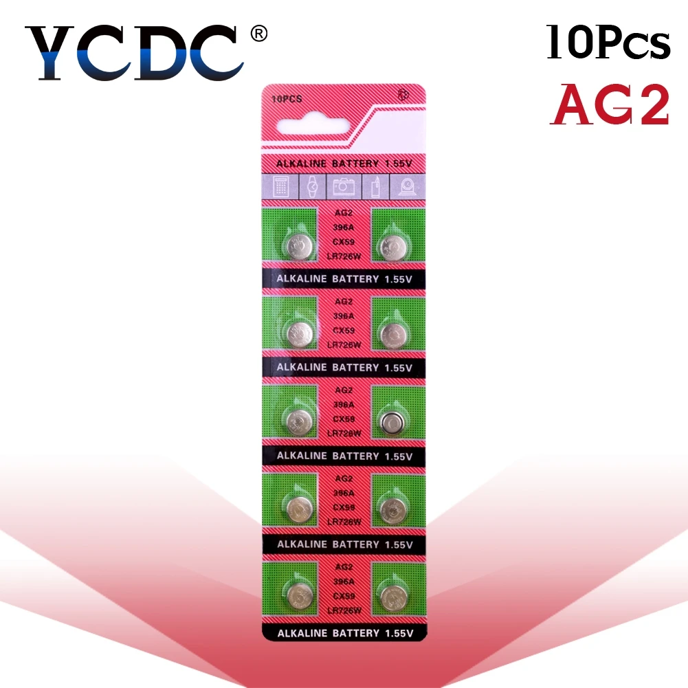 

10pcs/card AG2 For Watch Toys Remote LR726 396 Button Batteries SR726 196 Cell Coin Alkaline Battery 1.55V SG2 SR9 726 LR59