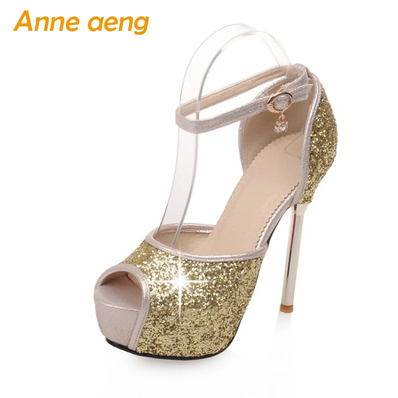 Women shoes 13cm high thin heel pumps platform peep toe bridal wedding shoes bling evening party shoes gold white women pumps Women shoes 13cm high thin heel pumps platform peep toe bridal wedding shoes bling evening party shoes gold white women pumps