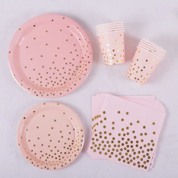 

60pcs/lot Gold Stamping Pink Dots theme plates cups birthday wedding party supplies Rose Gold dots theme cups plates napkins