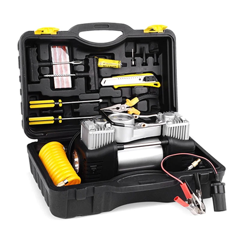 

12V Car Electric Inflator Pump with Tire Repair Tool Car Air Compressor with Toolbox Twin Cylinder Inflatable Pump