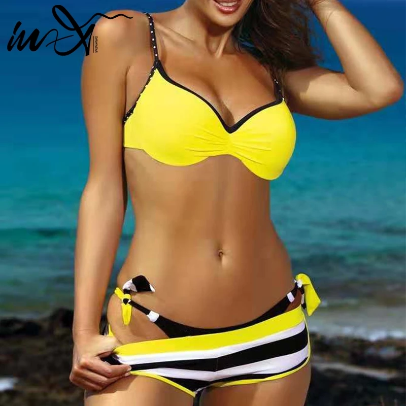 Günstige In X Plus size bademode frauen badenden Push up sexy bikini 2020 Gelb badeanzug weibliche biquini Striped badeanzug strand tragen XL