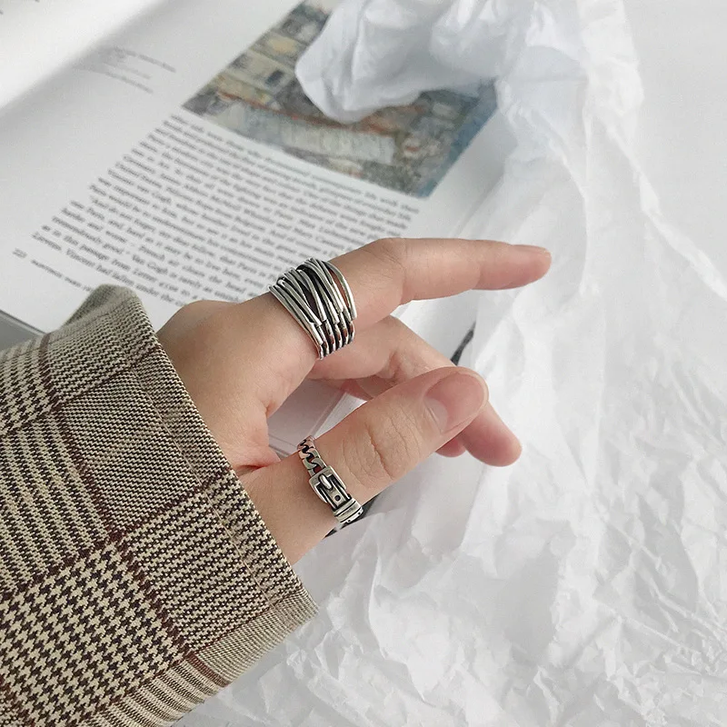 Тайское Серебро 925 Серебряное кольцо женское Многослойное Плетение женское кольцо большие, геометрической формы увеличенное грубое регулируемое винтажное женское кольцо