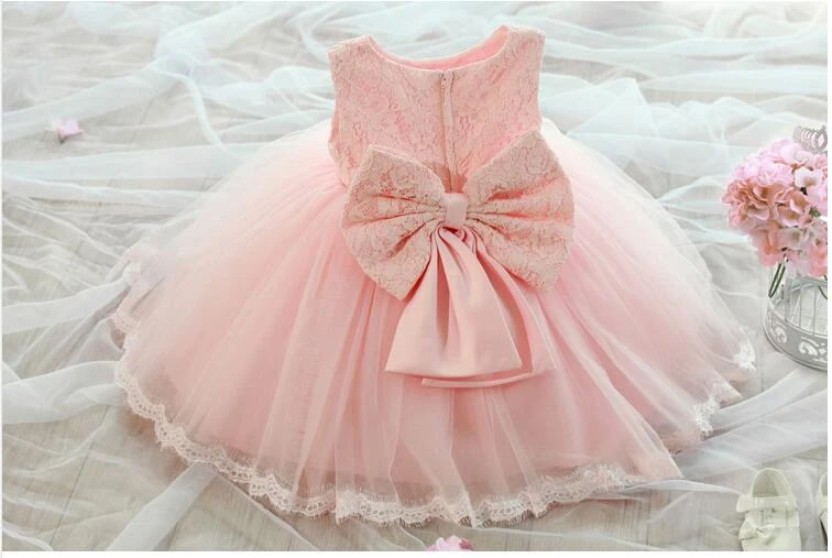 Vestido elegante para niña, moda de verano de 2015, encaje rosa, lazo grande, fiesta tul, vestidos de novia de princesa, vestido para niña de 0 a 2 años|baby girl dress|dress babydress
