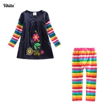 Комплект одежды для девочек, платье для девочек по колено+ леггинсы, комплекты одежды для детей, Vestidos с принтом+ штаны, костюмы, От 3 до 8 лет