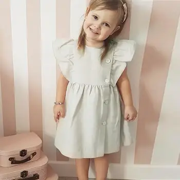 

Girls Summer Dress Infant Baby Girls Fly Sleeve Ruffles Solid Print Dress Clothes Dresses Solid Color Button Dresses vestidos A1