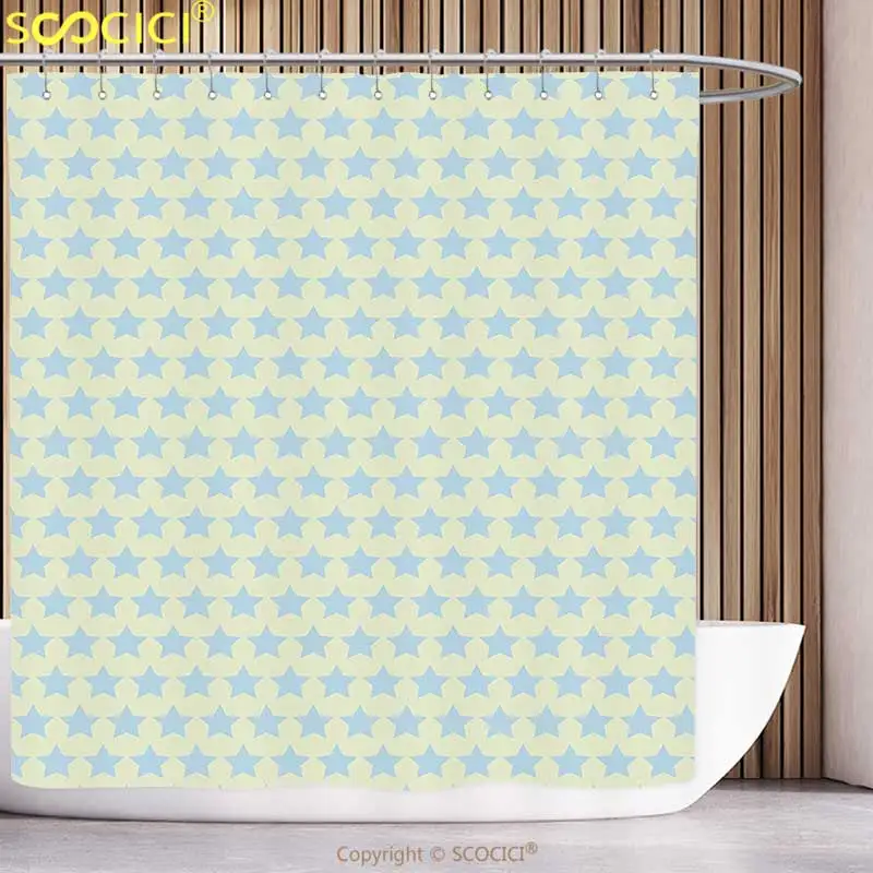 

Decorative Shower Curtain Kids Baby Blue Colored Star Pattern Simplistic Retro Style Sky Theme Print Baby Blue and Light Yellow