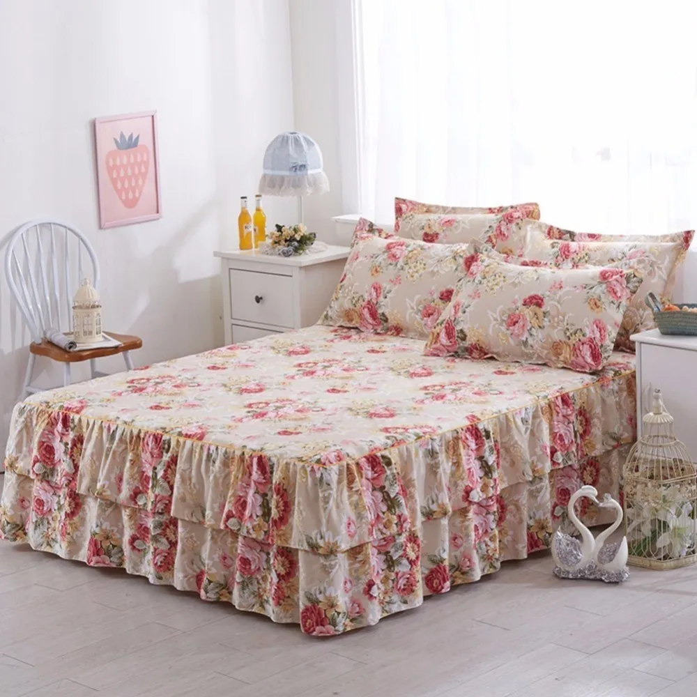 Хлопок элегантная кровать юбка роскошные розовые цветы печати свадебные украшения faldoes модные современные постельные принадлежности украшения - Цвет: 04