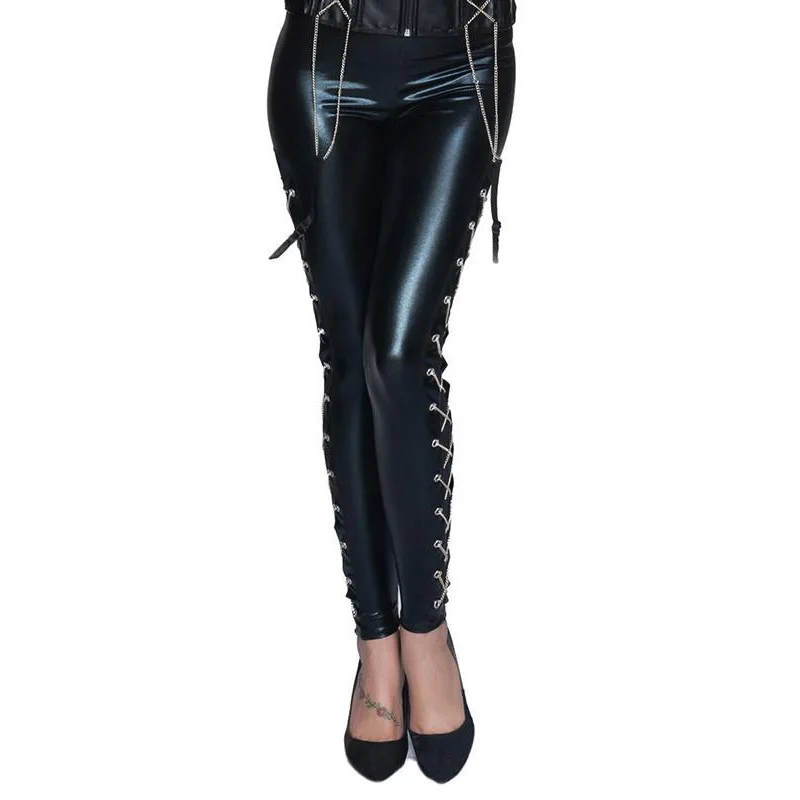 

Sexy Steampunk Silver Streak Chains Side Mesh Patchwork Leggings Black Plus Size Wetlook Faux Leather Rings Rock Pants Gothic XL