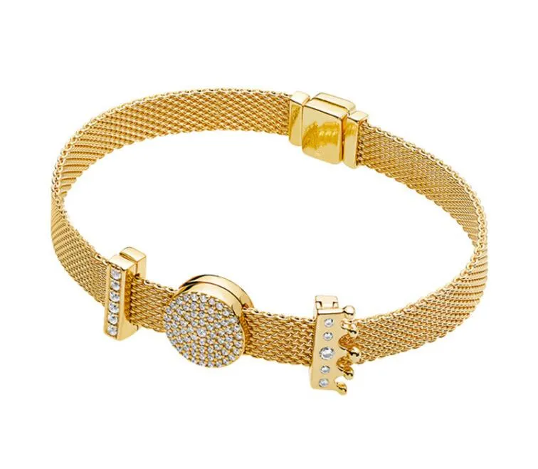 

925 Sterling Silver Bead Charm Gold Color Shine Reflexions Dazzling Elegance Clip Beads Pan Bracelet Diy Jewelry