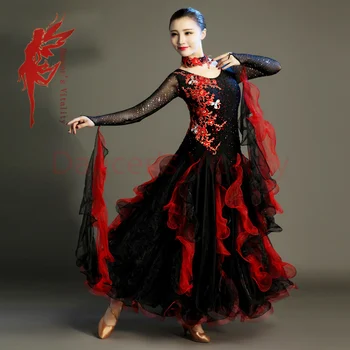 

New Ballroom dance costumes embroidery long sleeves stones ballroom dance dress for women ballroom dance competition dresses