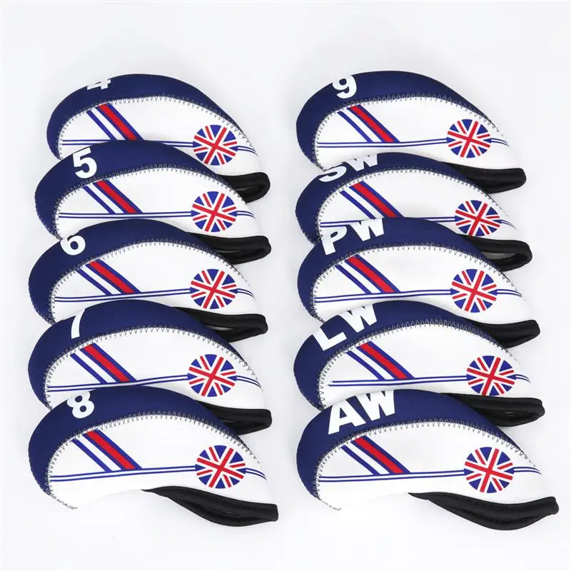 

10PCS Golf Iron Pole Head Hat Golf Club Head Protective Cover On For Outdoor Golf Sports UK Flag Neoprene Golf Club Head Cover