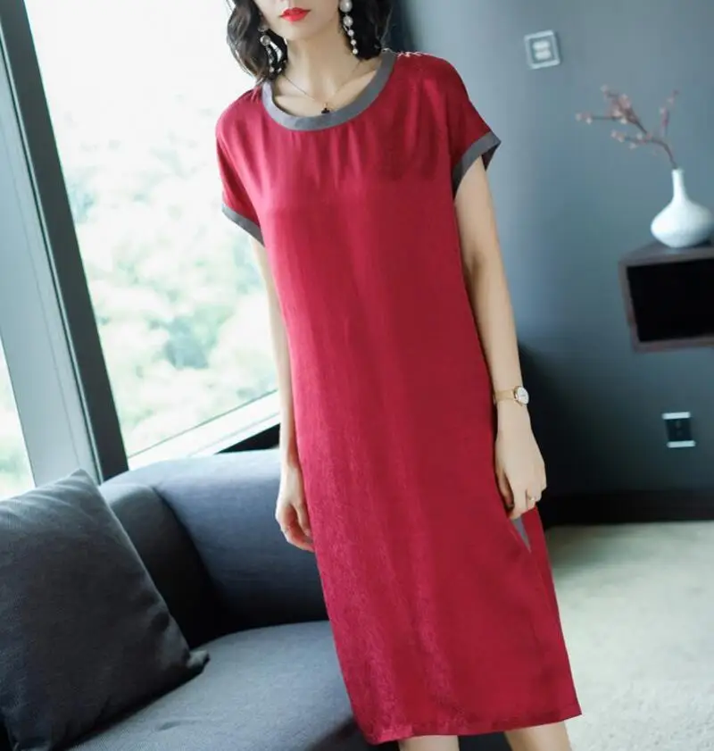 2018 Summer New Style Simple Fashion  Stripes Soft 100% Real Silk Straight Dress Female Casual Loose Short Sleeve Dress